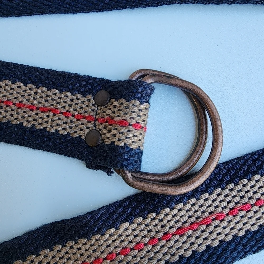 Mens Sz 34 Navy Blue Red Tan Lightweight Adjustable Belt Woven